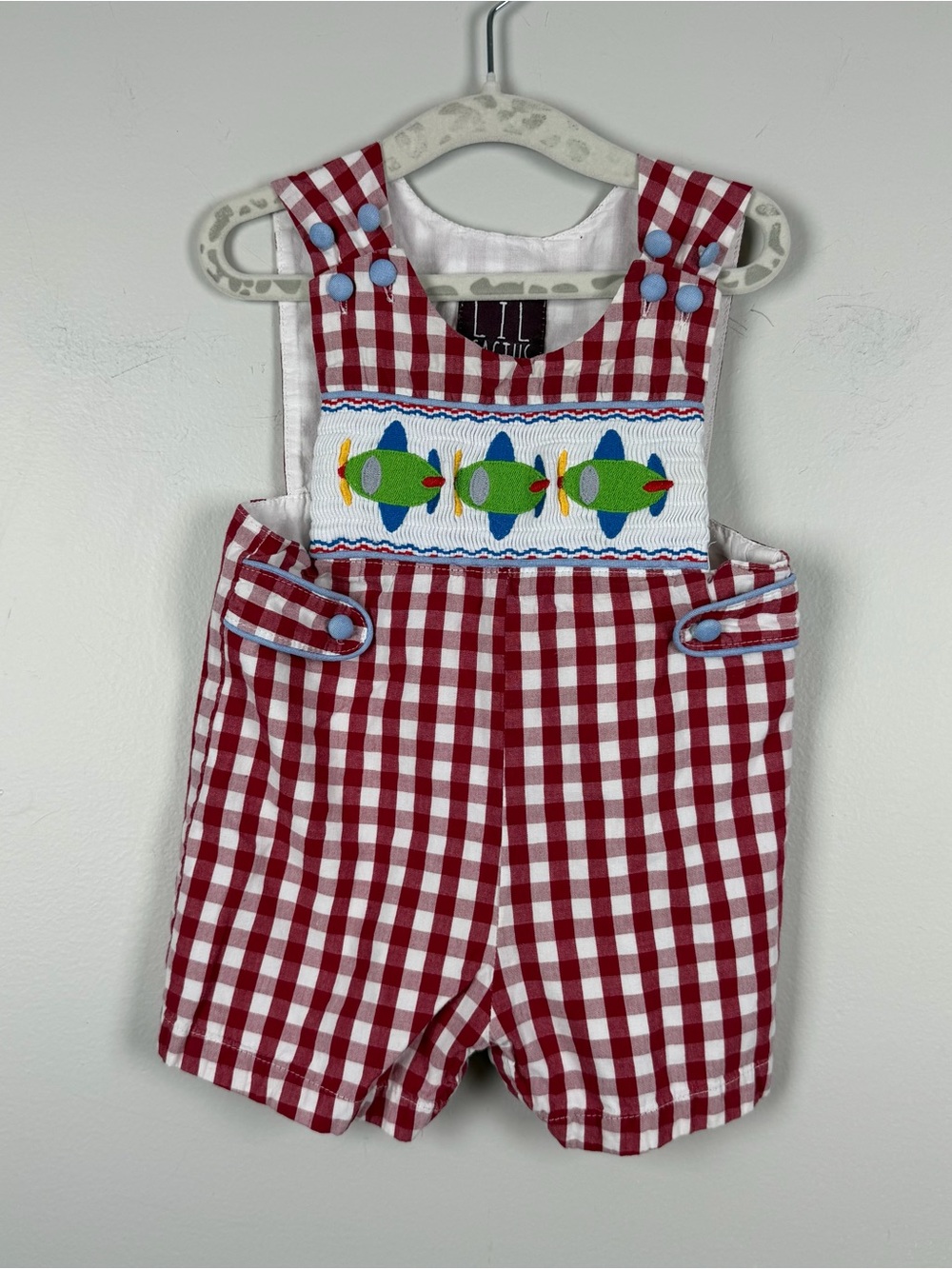 Lil Cactus Red White Jon Jon Gingham Smocked Airplane Pilot Shortall 3-6 Months